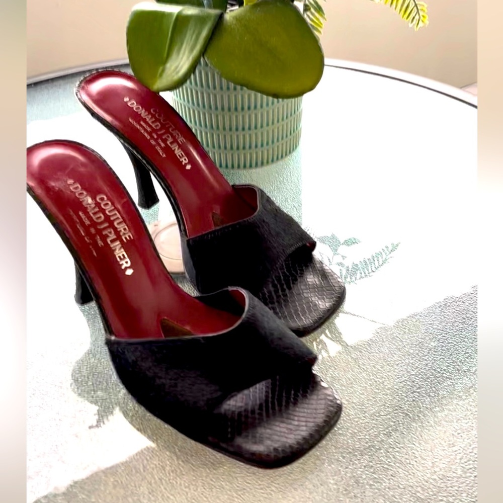 Donald J Pliner Couture Slides Very RARE Black Pony Hair w/Snakeskin Size 8.5